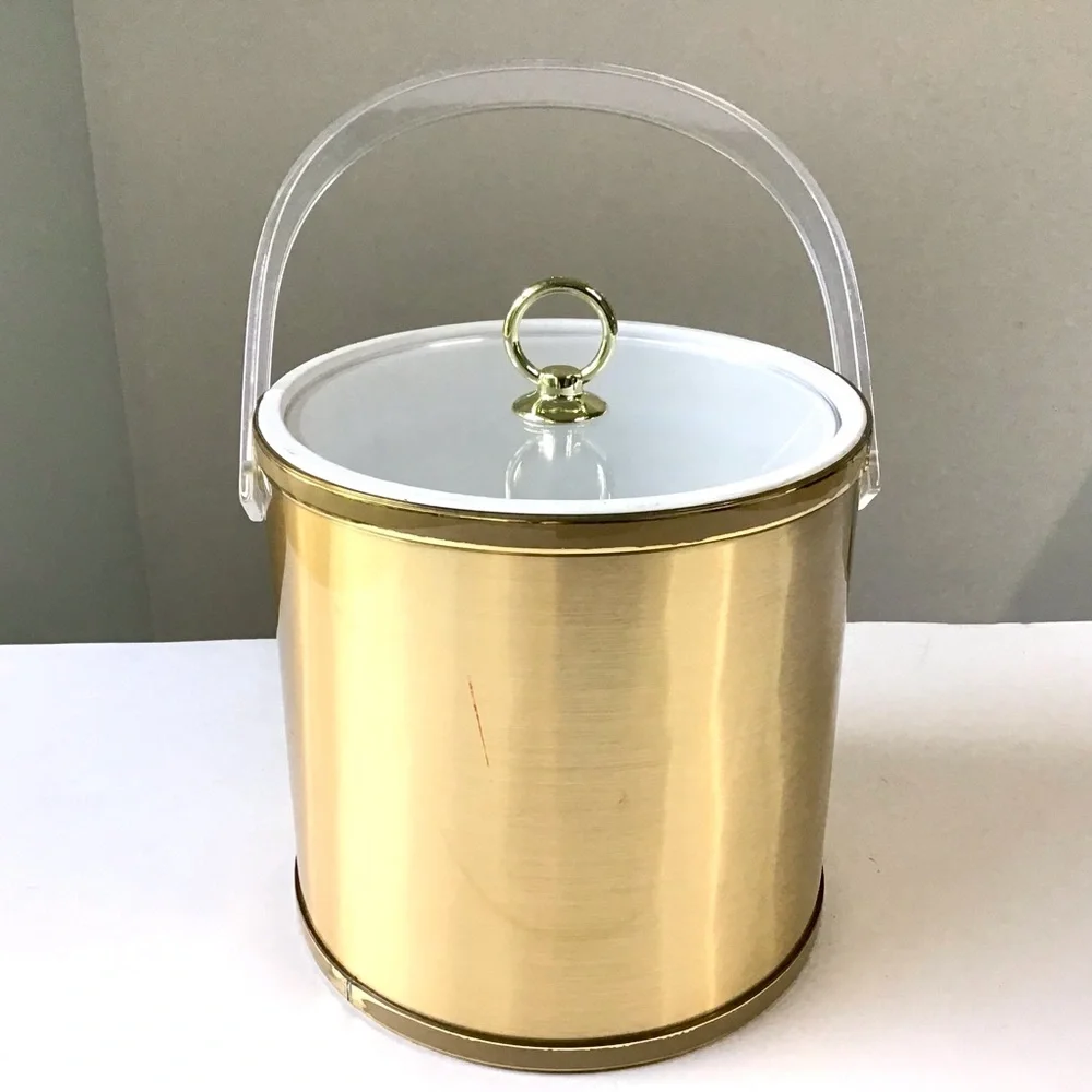 Vintage Drulane Ice Bucket Gold with Clear Handle & Lid 1980s Towle Co USA Made